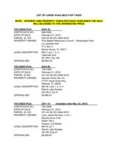 LIST OF LANDS AVAILABLE FOR TAXES NOTE: INTEREST AND PROPERTY TAXES FOR EACH YEAR SINCE THE SALE WILL BE ADDED TO THE OPENING BID PRICE. TAX DEED FILE: CERTIFICATE NO.: DATE OF SALE: