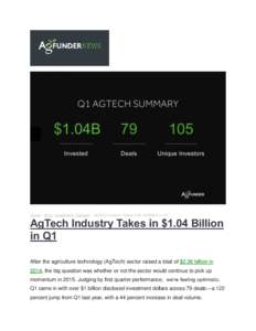 Home » Buzz, Investment, Startups » AgTech Industry Takes in $1.04 Billion in Q1  AgTech Industry Takes in $1.04 Billion in Q1 After the agriculture technology (AgTech) sector raised a total of $2.36 billion in 2014, t