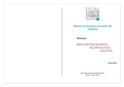 Master en Sciences Sociales de l’EHESS Mention HISTOIRE DES SCIENCES, TECHNOLOGIES,