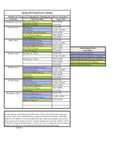 Spring 2014 Final Exam Schedule Monday=M, Tuesday=T, Wednesday=W, Thursday=R, Friday=F, Saturday=S Exam Day Class Start Time Exam Time Wednesday, April 30