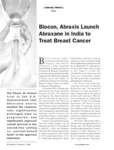 [ Industry Watch ]  INDIA Biocon, Abraxis Launch Abraxane in India to