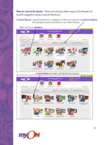 How to search for books - there are several other ways to find books on myON using the various search functions. 1. Visual Search – search all books in a category or filter your search using these buttons, for example,