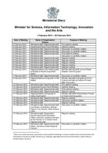 Ministerial Diary1 Minister for Science, Information Technology, Innovation and the Arts 1 February 2014 – 28 February 2014 Date of Meeting 3 February 2014