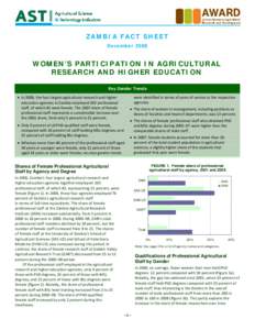 ZAMBIA FACT SHEET December 2008  WOMEN’S PARTICIPATION IN AGRICULTURAL RESEARCH AND HIGHER EDUCATION Key Gender Trends