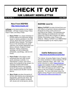 CHECK IT OUT IUK LIBRARY NEWSLETTER Vol. 12, No. 2 New From INSPIRE 