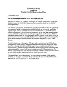 National Space Society Press Release NASA=s MARS Exploration Plan (20 November[removed]NSS expresses disappointment in NASA Mars exploration plan