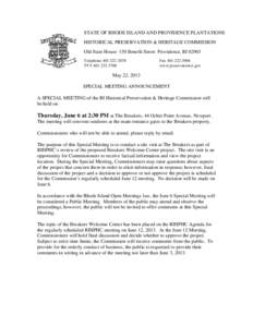 STATE OF RHODE ISLAND AND PROVIDENCE PLANTATIONS HISTORICAL PRESERVATION & HERITAGE COMMISSION Old State House 150 Benefit Street Providence, RI[removed]Telephone[removed]TTY[removed]