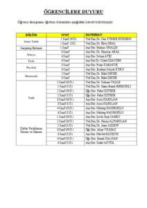 ÖĞRENCİLERE DUYURU Öğrenci danışmanı öğretim elemanları aşağıdaki listede belirtilmiştir.