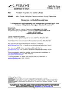 Vermont Health Advisory: Resources for Ebola Preparedness