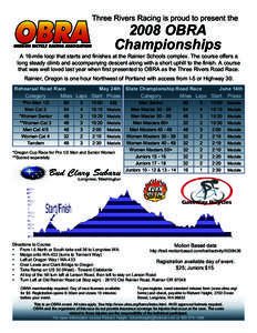 Three Rivers Racing is proud to present the[removed]OBRA Championships  A 16-mile loop that starts and finishes at the Rainier Schools complex. The course offers a