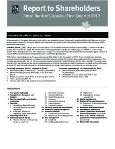 Report to Shareholders  Royal Bank of Canada first quarter 2012 results All amounts are in Canadian dollars and are based on our unaudited Interim Condensed Consolidated Financial Statements for the quarter ended January