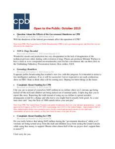 Open to the Public Report of Comments Received by CPB:  October 2013