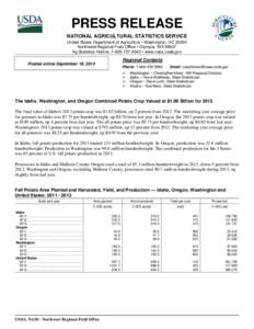 PRESS RELEASE NATIONAL AGRICULTURAL STATISTICS SERVICE United States Department of Agriculture • Washington, DC[removed]Northwest Regional Field Office • Olympia, WA[removed]Ag Statistics Hotline: [removed] • www.