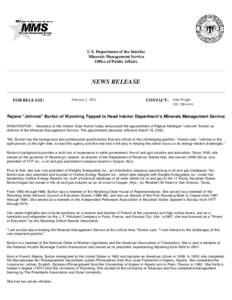 Rejan "Johnnie" Burton of Wyoming Tapped to Head Interior Department's Minerals Management Service[removed]