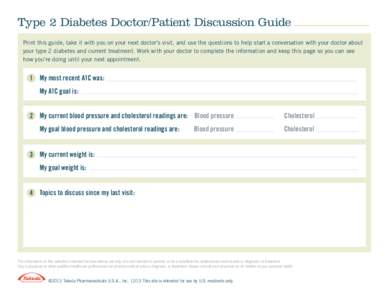 Type 2 Diabetes Doctor/Patient Discussion Guide Print this guide, take it with you on your next doctor’s visit, and use the questions to help start a conversation with your doctor about your type 2 diabetes and current