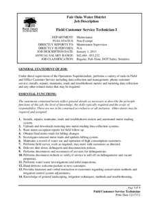 Fair Oaks Water District Job Description Field Customer Service Technician I DEPARTMENT: FLSA STATUS: