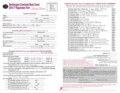 Northampton Community Music CenterRegistration Form Early Form OFFICE USE ONLY SSP QB