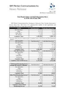 News Release July 3, 2007 SKY Perfect Communications Inc. Total Registrations and Individual Subscribers as of the end of June 2007