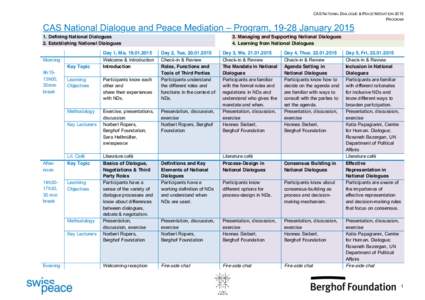 CAS NATIONAL DIALOGUE & PEACE MEDIATION 2015 PROGRAM CAS National Dialogue and Peace Mediation – Program, 19-28 January[removed]Defining National Dialogues 2. Establishing National Dialogues