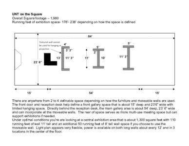 UNT on the Square Overall Square footage – 1,980 Running feet of exhibition space- 178’- 238’ depending on how the space is defined There are anywhere from 2 to 4 definable space depending on how the furniture and 