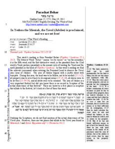 Parashat Behar ‫פרשת בהר‬ Shabbat Iyyar 27, 5772, May 19, 2012