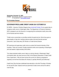 DFI Media Release - Governor Proclaims Credit Union Day October 20