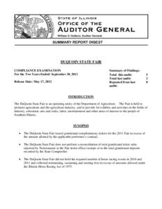 DUQUOIN STATE FAIR COMPLIANCE EXAMINATION For the Two Years Ended: September 30, 2011 Release Date: May 17, 2012  Summary of Findings: