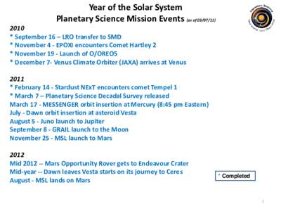 Year of the Solar System Planetary Science Mission Events (as of[removed] * September 16 – LRO transfer to SMD * November 4 - EPOXI encounters Comet Hartley 2 * November 19 - Launch of O/OREOS