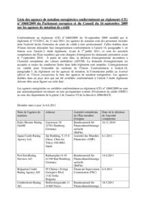 Liste des agences de notation enregistrées conformément au règlement (CE) nº [removed]du Parlement européen et du Conseil du 16 septembre 2009 sur les agences de notation de crédit Conformément au règlement (CE)