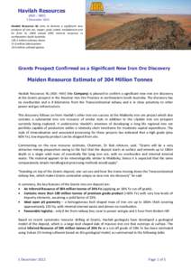 Havilah Resources (ASX : HAV) 5 December 2012 Havilah Resources NL aims to become a significant new producer of iron ore, copper, gold, cobalt, molybdenum and tin from its 100% owned JORC mineral resources in