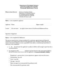 Department of Geological Sciences University of Missouri-Columbia Personal Reference Form  Please return form to