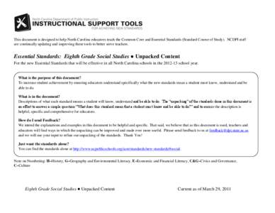 This document is designed to help North Carolina educators teach the Common Core and Essential Standards (Standard Course of Study). NCDPI staff are continually updating and improving these tools to better serve teachers