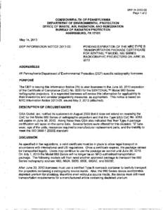 BRP IN[removed]Page 1 of2 COMMONWEALTH OF PENNSYLVANIA DEPARTMENT OF ENVIRONMENTAL PROTECTION OFFICE OF WASTE, AIR, RADIATION, AND REMEDIATION BUREAU OF RADIATION PROTECTION