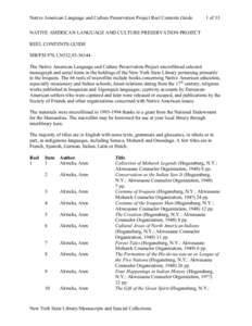 Native American Language and Culture Preservation Project Reel Contents Guide  1 of 33 NATIVE AMERICAN LANGUAGE AND CULTURE PRESERVATION PROJECT REEL CONTENTS GUIDE