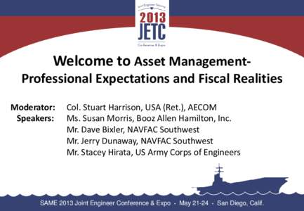 Welcome to Asset Management-  Professional Expectations and Fiscal Realities Moderator: Speakers: