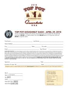 TOP POT DOUGHNUT DASH - APRIL 29, 2018 Fill out completely. Please print clearly. One Entrant per form/copies OK. No refunds. ® Entry fee is $35.00 on or before March 30, 2018, $40.00 March 31 to April 28, 2018 and $45.