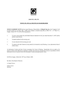 QSOUND LABS, INC. QSOUND LABS, INC. NOTICE OF ANNUAL MEETING OF SHAREHOLDERS NOTICE OF ANNUAL MEETING OF SHAREHOLDERS NOTICE IS HEREBY GIVEN that the Annual Meeting of Shareholders of QSound Labs, Inc. (the “Company”