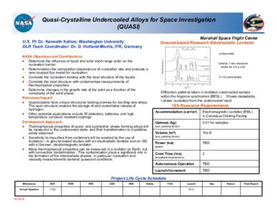 Quasi-Crystalline Undercooled Alloys for Space Investigation (QUASI) Marshall Space Flight Center Ground-based Research Electrostatic Levitator  U.S. PI: Dr. Kenneth Kelton, Washington University