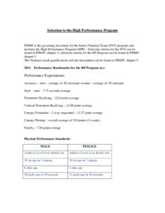 Selection to the High Performance Program  PIM4F is the governing document for the Senior National Team (SNT) program and includes the High Performance Program (HPP). Selection criteria for the SNT can be found in PIM4F,