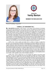Speech By  Verity Barton MEMBER FOR BROADWATER  Record of Proceedings, 5 August 2014
