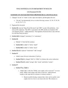 TITLE 410 INDIANA STATE DEPARTMENT OF HEALTH LSA Document #[removed]SUMMARY OF CHANGES BETWEEN PROPOSED RULE AND FINAL RULE 1. Changed “on-site” to “onsite” in title, digest description, and throughout the rule a. 