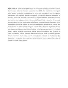 Angie Junck, J.D. is a Supervising Attorney at the Immigrant Legal Resource Center (ILRC) in San Francisco, California where she has worked since[removed]Her expertise is on immigrant youth issues, immigration consequences
