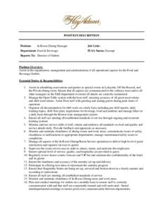 POSITION DESCRIPTION  Position: In Room Dining Manager