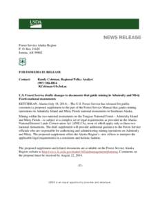 NEWS RELEASE Forest Service Alaska Region P. O. Box[removed]Juneau, AK[removed]FOR IMMEDIATE RELEASE