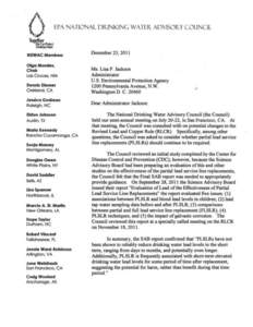 EPA National Drinking Water Advisory Council Letter to Administrator Lisa Jackson on Revised Lead and Copper Rule, December 2011