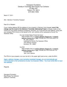 Georgiann Eccleston Glenburn Township Real Estate Tax Collector PO Box 497 Dalton, PA[removed]1059) March 17, 2011