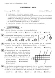 1  Känguru 2018 — Klassenstufen 5 und 6 Klassenstufen 5 und 6 Donnerstag, 15. März 2018