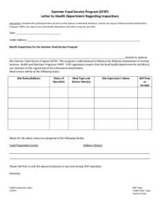 Summer Food Service Program (SFSP) Letter to Health Department Regarding Inspections Instructions: Complete this prototype letter and print on the sponsor’s letterhead stationery. Submit one copy to Arkansas Health and