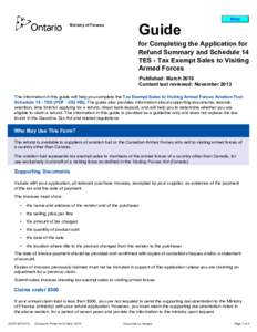 Guide for Completing the Application for Refund Summary and Schedule 14 TES - Tax Exempt Sales to Visiting Armed Forces