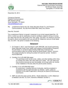 NATURAL RESOURCES BOARD Districts #2&3 Environmental Commission 100 Mineral Street, Suite 305 Springfield, VT[removed]December 24, 2014